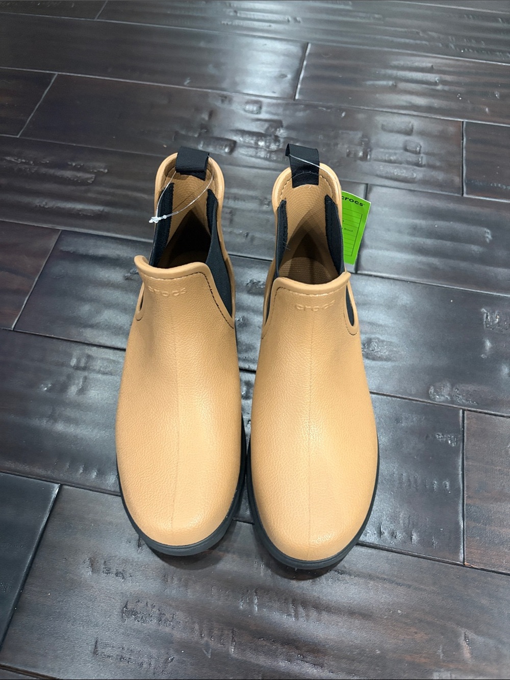 CROCS Tan Chelsea-Style Slip-On Boots with Black Accents
